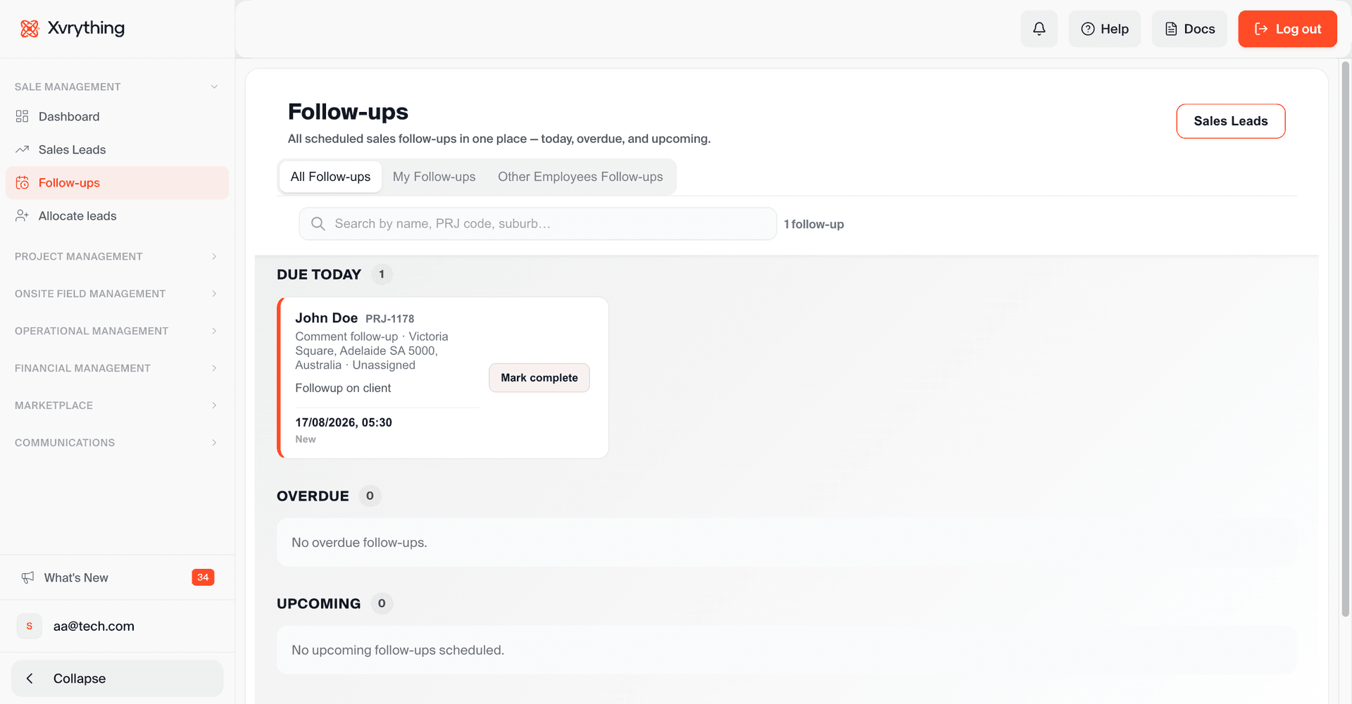 Operations dashboard with job status notifications and reminders