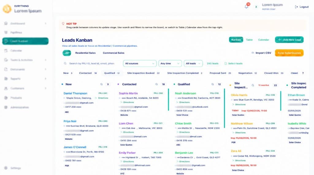 XVRYTHING leads kanban preview
